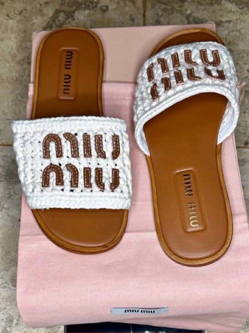 Miu Miu White Crochet Slide Sandals with Tan Footbed